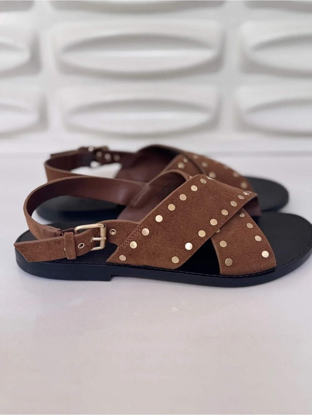 Madewell Brown Suede Crisscross Sandals with Gold Studs